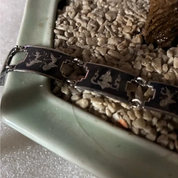 Antique Black Enamel Siam Sterling Panel Bracelet with Asian Motif - Picture 3 of 7